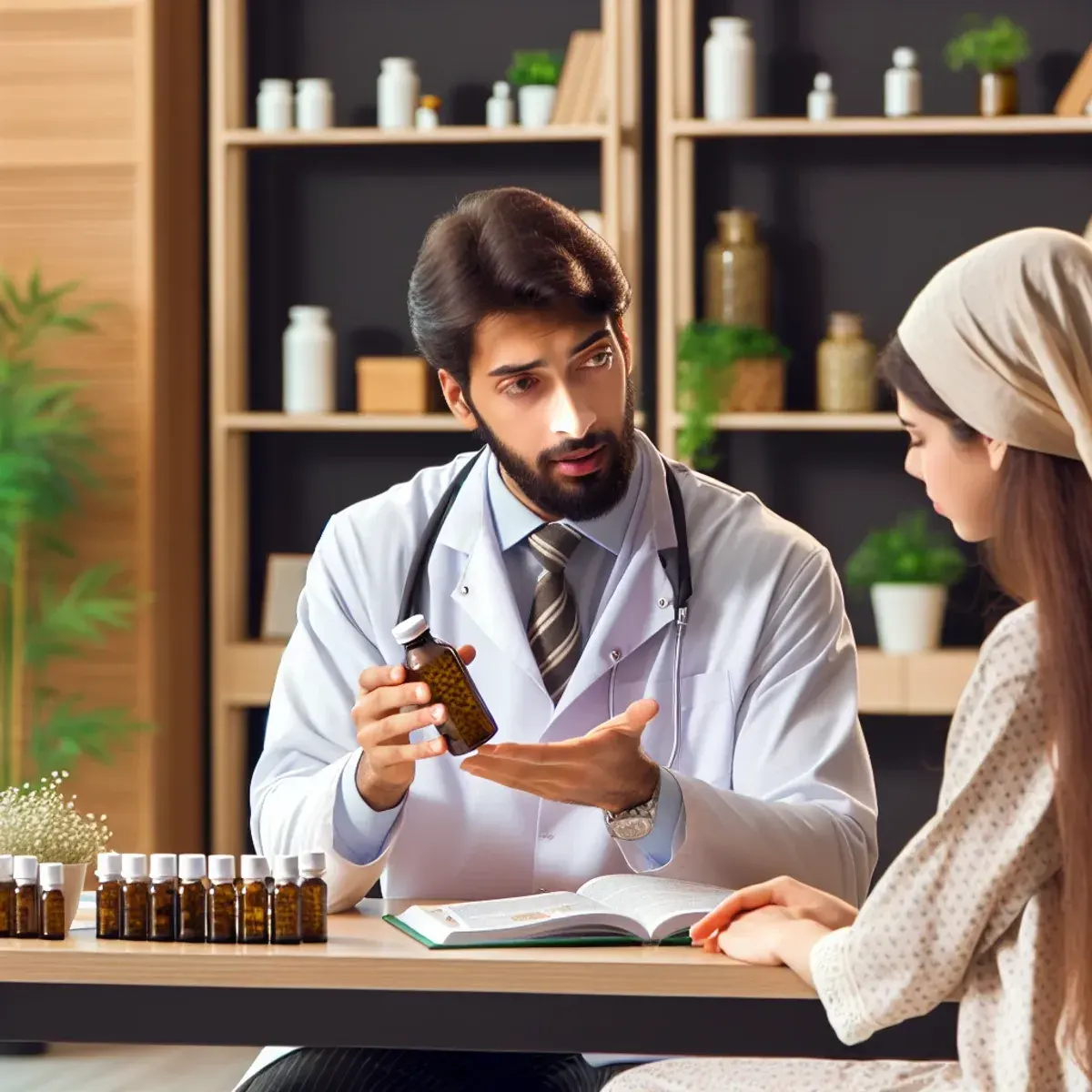 A Middle-Eastern male practitioner consulting with a Hispanic female patient about hairfall solutions in a warm and welcoming homoeopathic clinic.