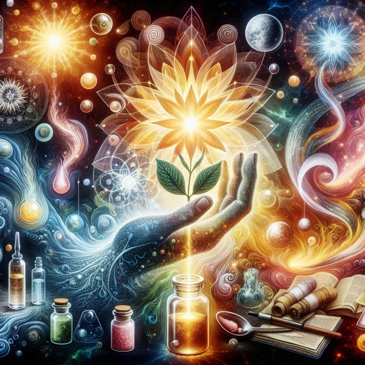 A glowing human hand with a plant growing from it, surrounded by a glass vial with water and a dropper, against an ethereal landscape with soft light.